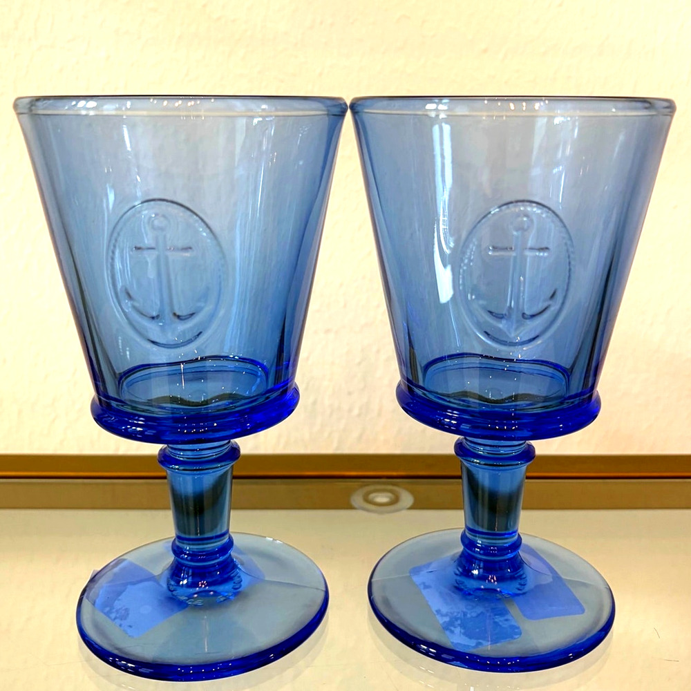 La Rochere France Cobalt Blue Anchor Goblets Set of 2 Wine Glasses NEW